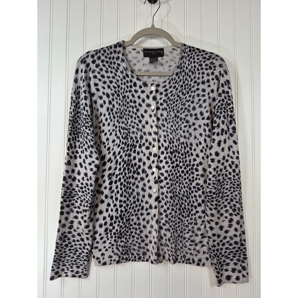 August Silk Cardigan Sweater Womens Large Gray Black Animal Print 100% Silk